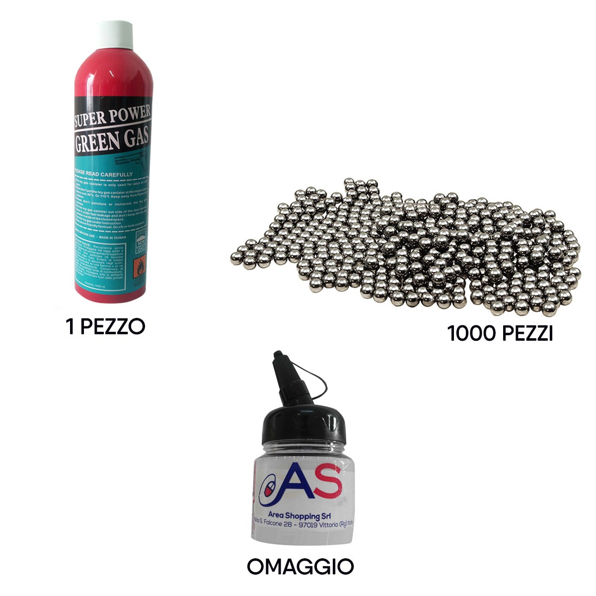 Kit Softair Bombola Gas 1000ml + 1000 Pallini 6mm Metallo + Portapallini Omaggio