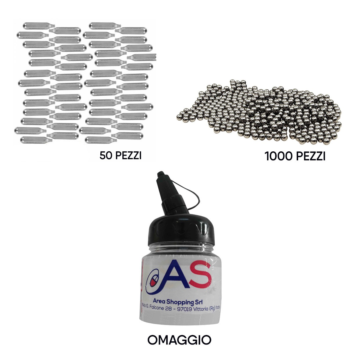 Kit Softair 50 Bombolette CO2 + 1000 Pallini Metallo 6 mm + Barattolo Omaggio